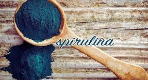 Picture of blue spirulina on a wooden spoon