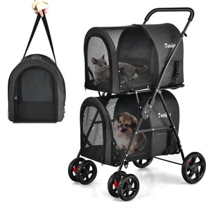 4-in-1 Double Pet Stroller with Detachable Carrier and Travel Carriage