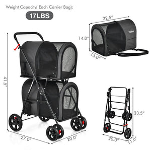 4-in-1 Double Pet Stroller with Detachable Carrier and Travel Carriage