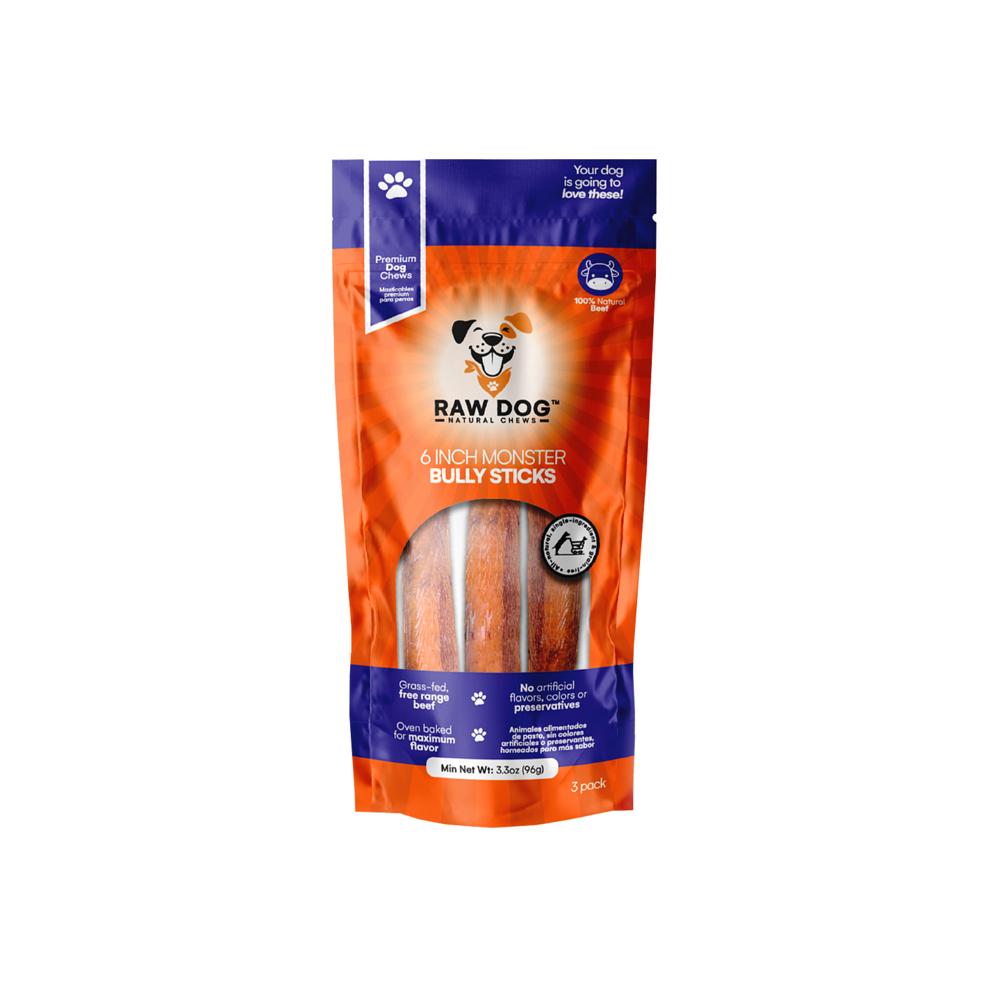 🦴🐄 Monster Bully Sticks – 6" (3 Pack) Premium Beef Pizzle Dog Chews