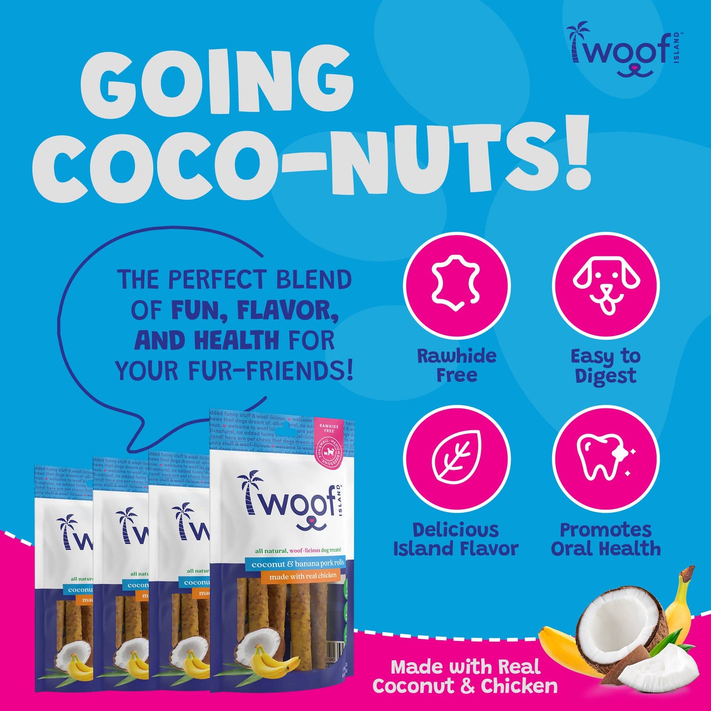 🥥🍌 Woof Island™ Coconut Pork Rolls with Banana & Chicken – All-Natural Dog Chews