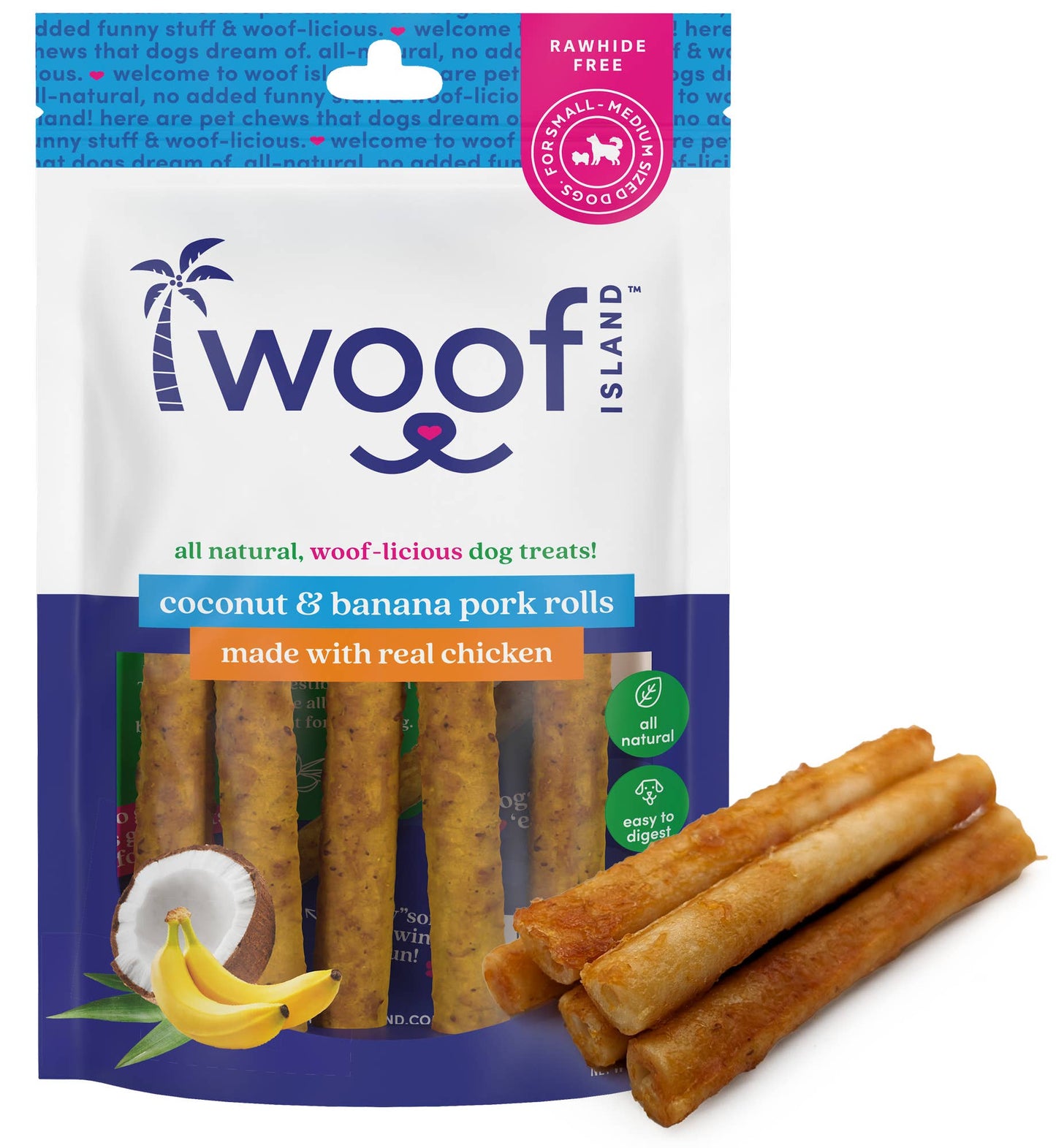 🥥🍌 Woof Island™ Coconut Pork Rolls with Banana & Chicken – All-Natural Dog Chews