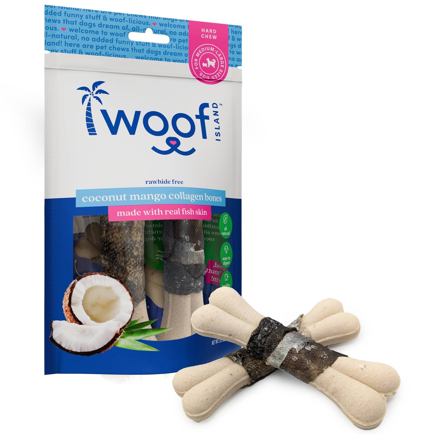 🥥🥭🐟 Woof Island™ Coconut Bones with Real Mango & Fish Skin – Rawhide-Free Natural Dog Chews