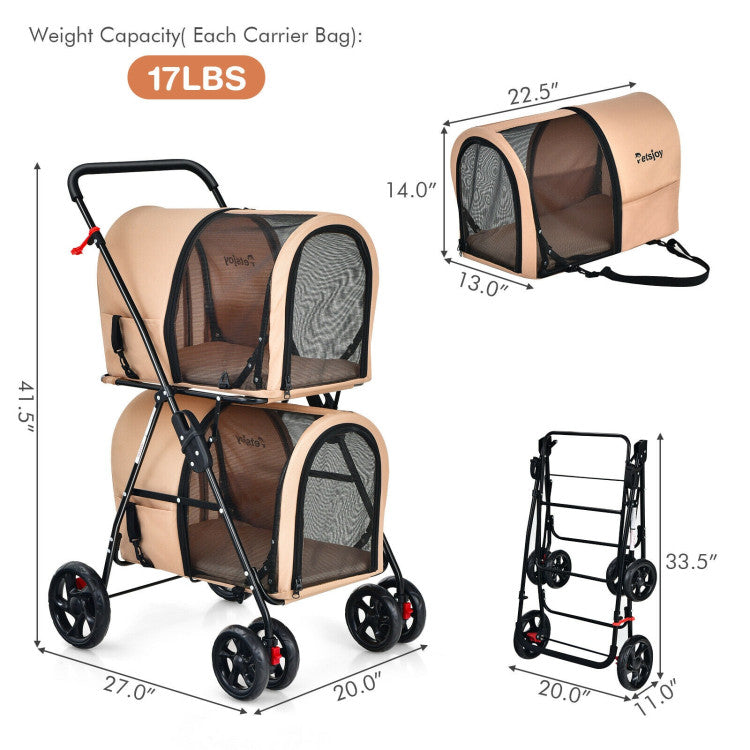 4-in-1 Double Pet Stroller with Detachable Carrier and Travel Carriage
