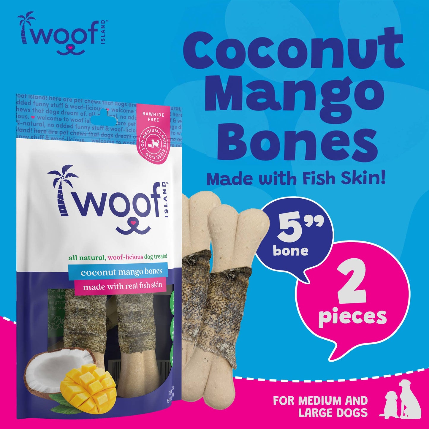 🥥🥭🐟 Woof Island™ Coconut Bones with Real Mango & Fish Skin – Rawhide-Free Natural Dog Chews