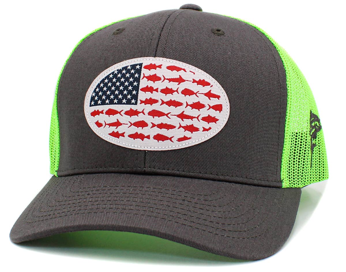 🎣🧢USA Fish Flag Mesh Back Ballcap