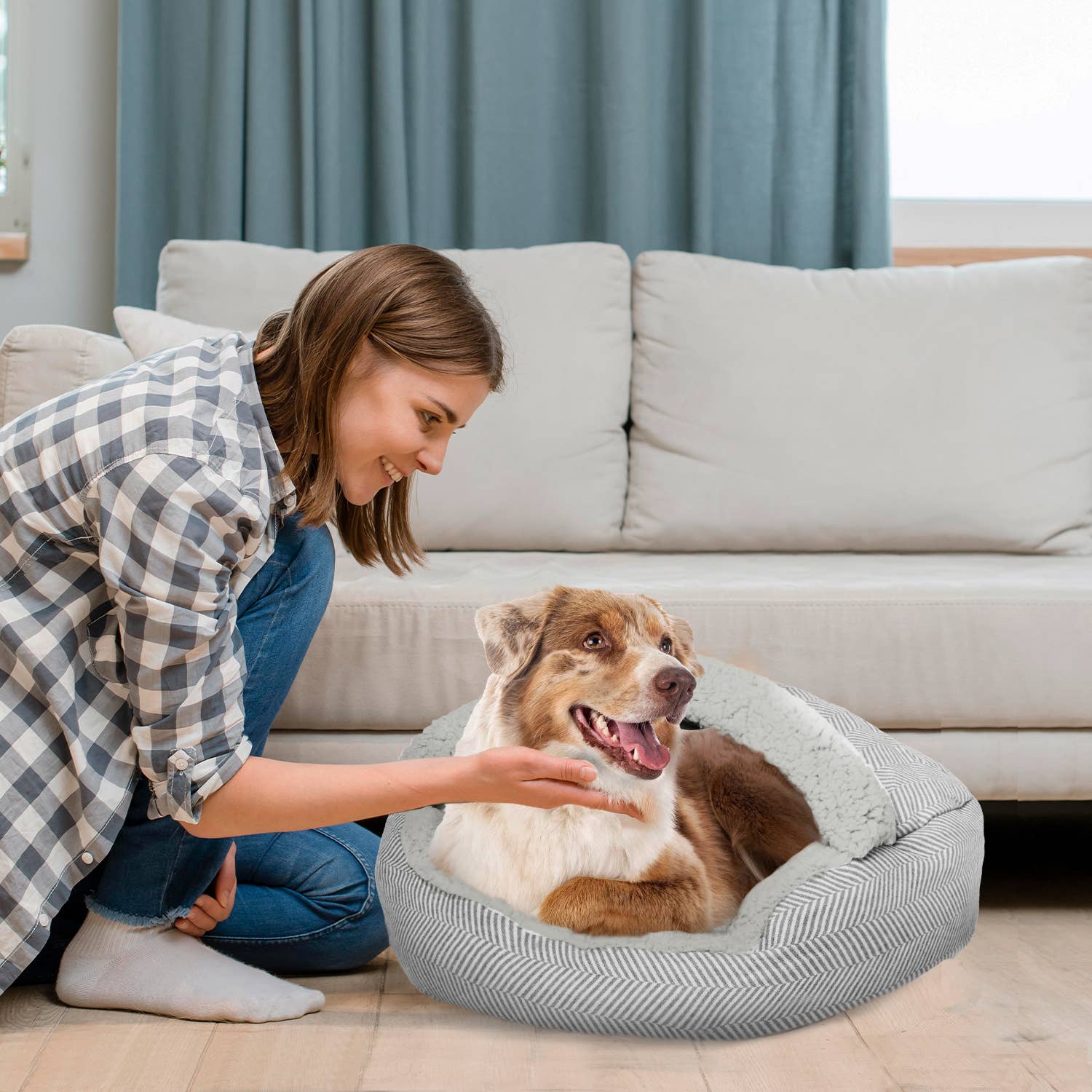 🐾 Precious Tails Herringbone Canvas Fleece Deep Dish Cave Bed