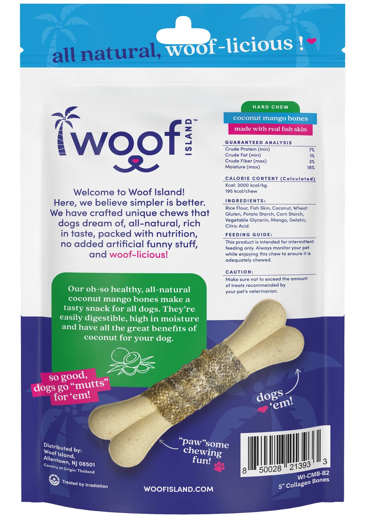 🥥🥭🐟 Woof Island™ Coconut Bones with Real Mango & Fish Skin – Rawhide-Free Natural Dog Chews