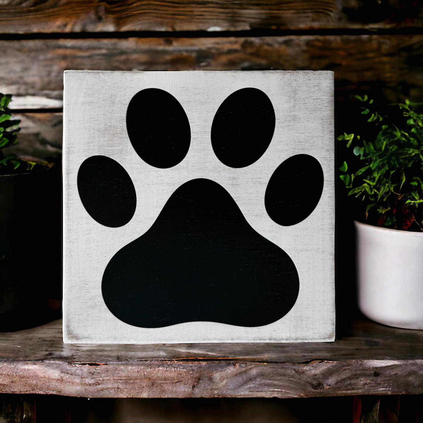 🏡🐶🐱Paw Print - Rustic Wood White Shelf Sitter
