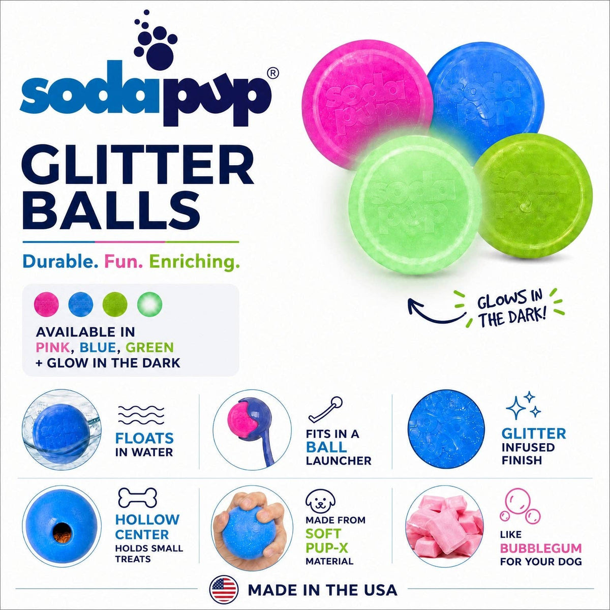 ✨🐶SodaPup Glow in the Dark Glitter Ball 2-Pack – Soft Fetch & Treat Dispensing Dog Toys