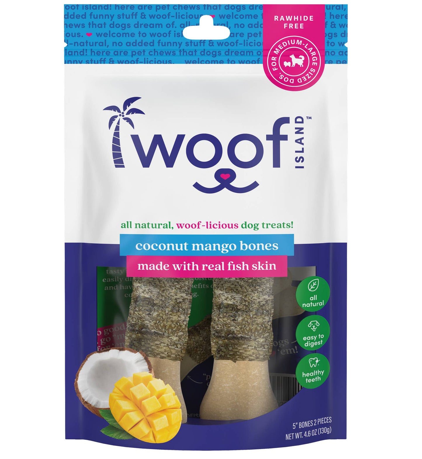 🥥🥭🐟 Woof Island™ Coconut Bones with Real Mango & Fish Skin – Rawhide-Free Natural Dog Chews