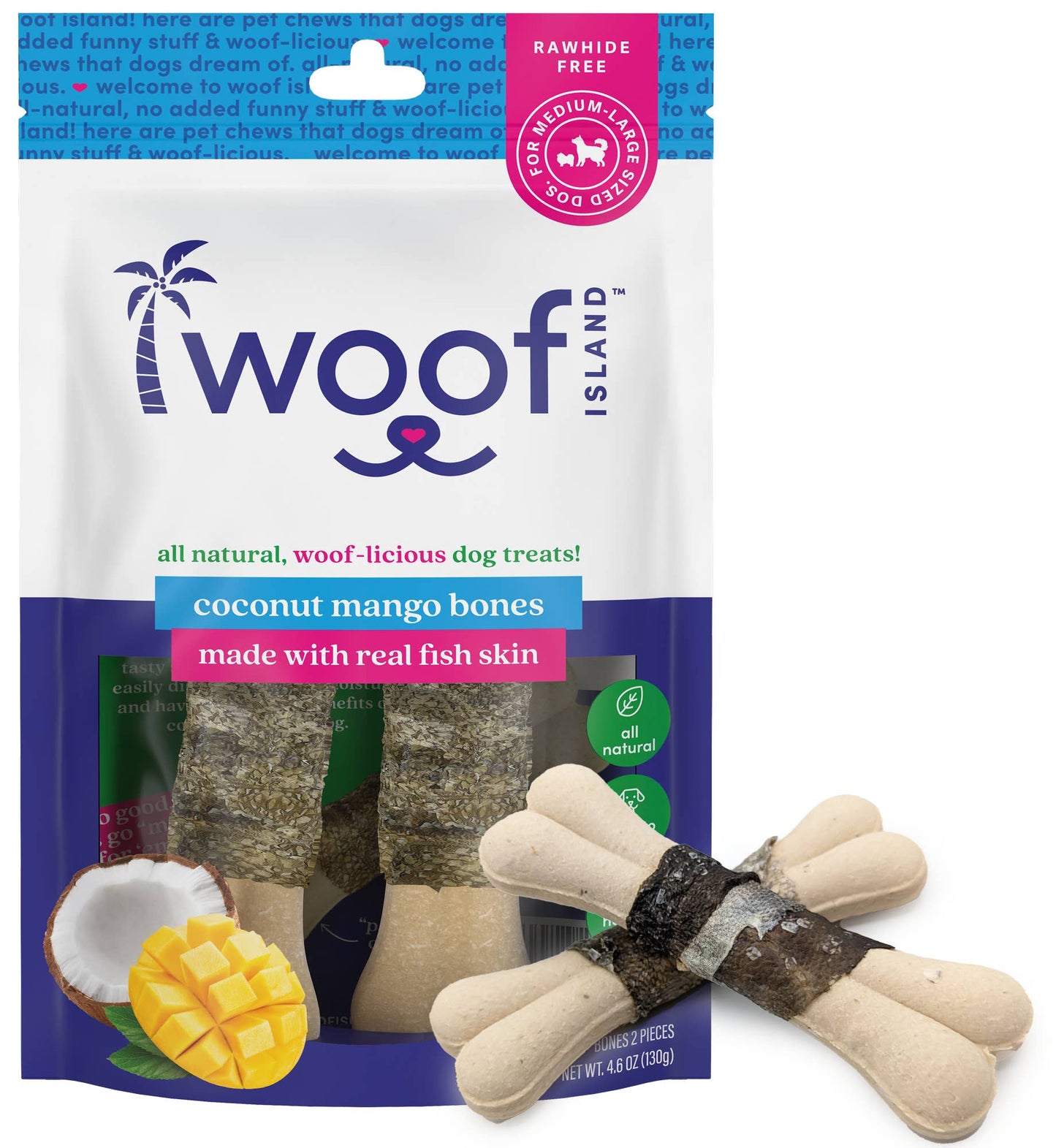 🥥🥭🐟 Woof Island™ Coconut Bones with Real Mango & Fish Skin – Rawhide-Free Natural Dog Chews