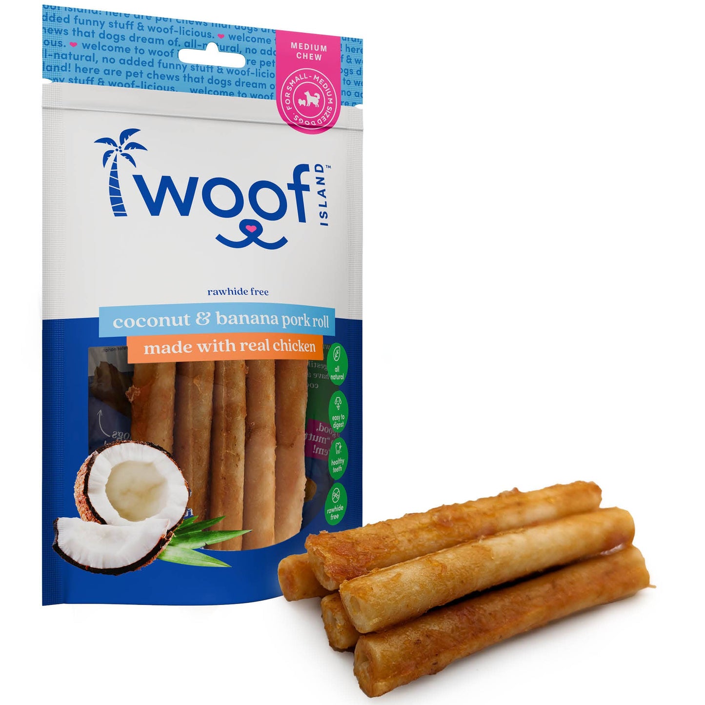 🥥🍌 Woof Island™ Coconut Pork Rolls with Banana & Chicken – All-Natural Dog Chews