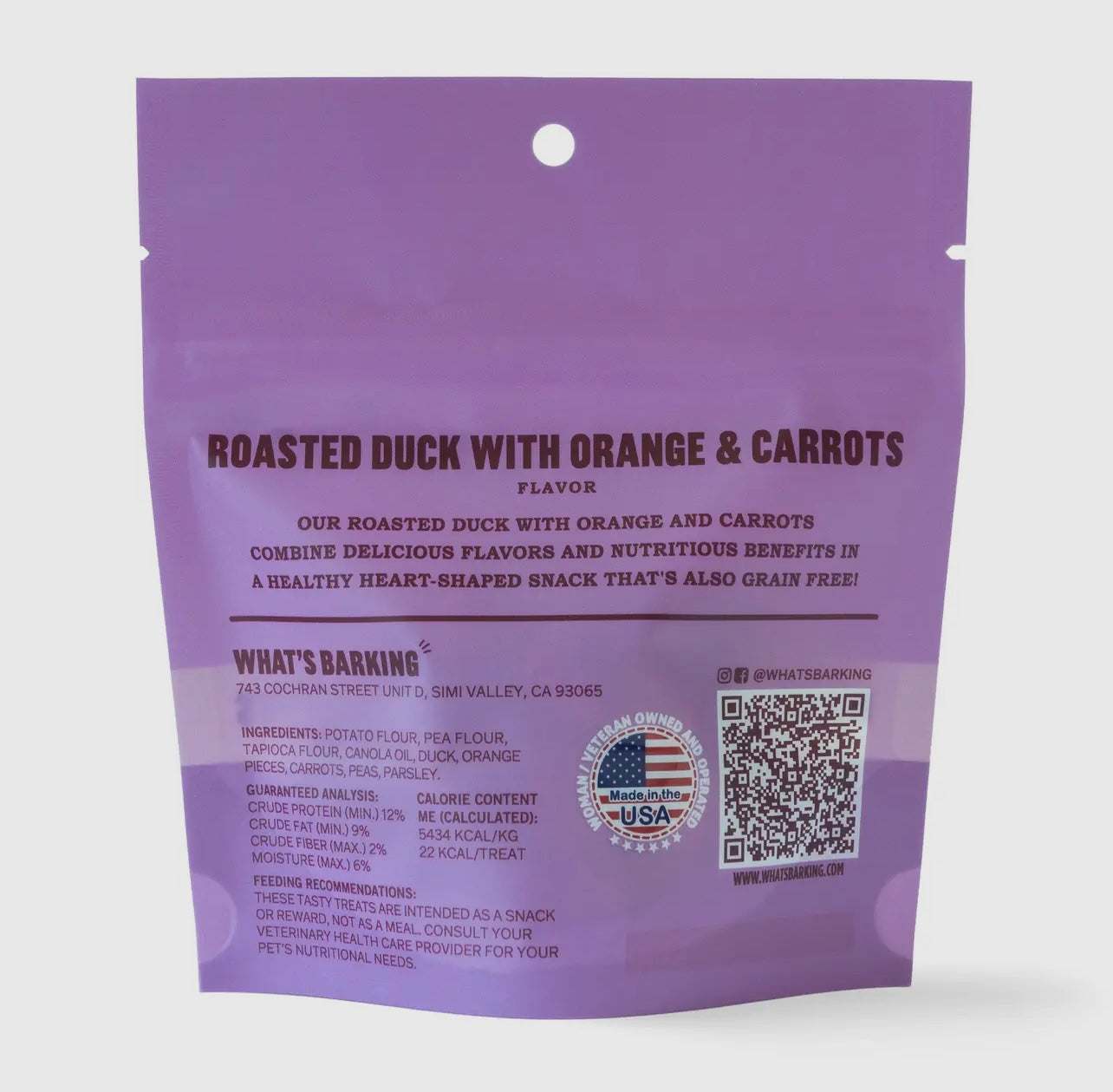 Roasted Duck w/ Orange & Carrot
Crunchy Dog Treats, 1 oz