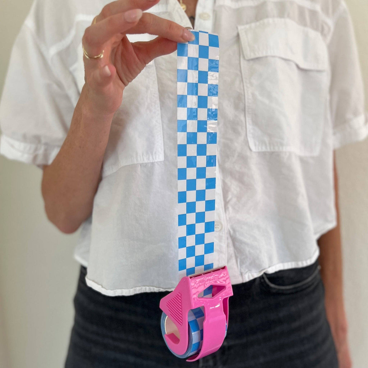 Blue Checkered Packing Tape – 22.2 Yard Mini Roll with Pink Dispenser