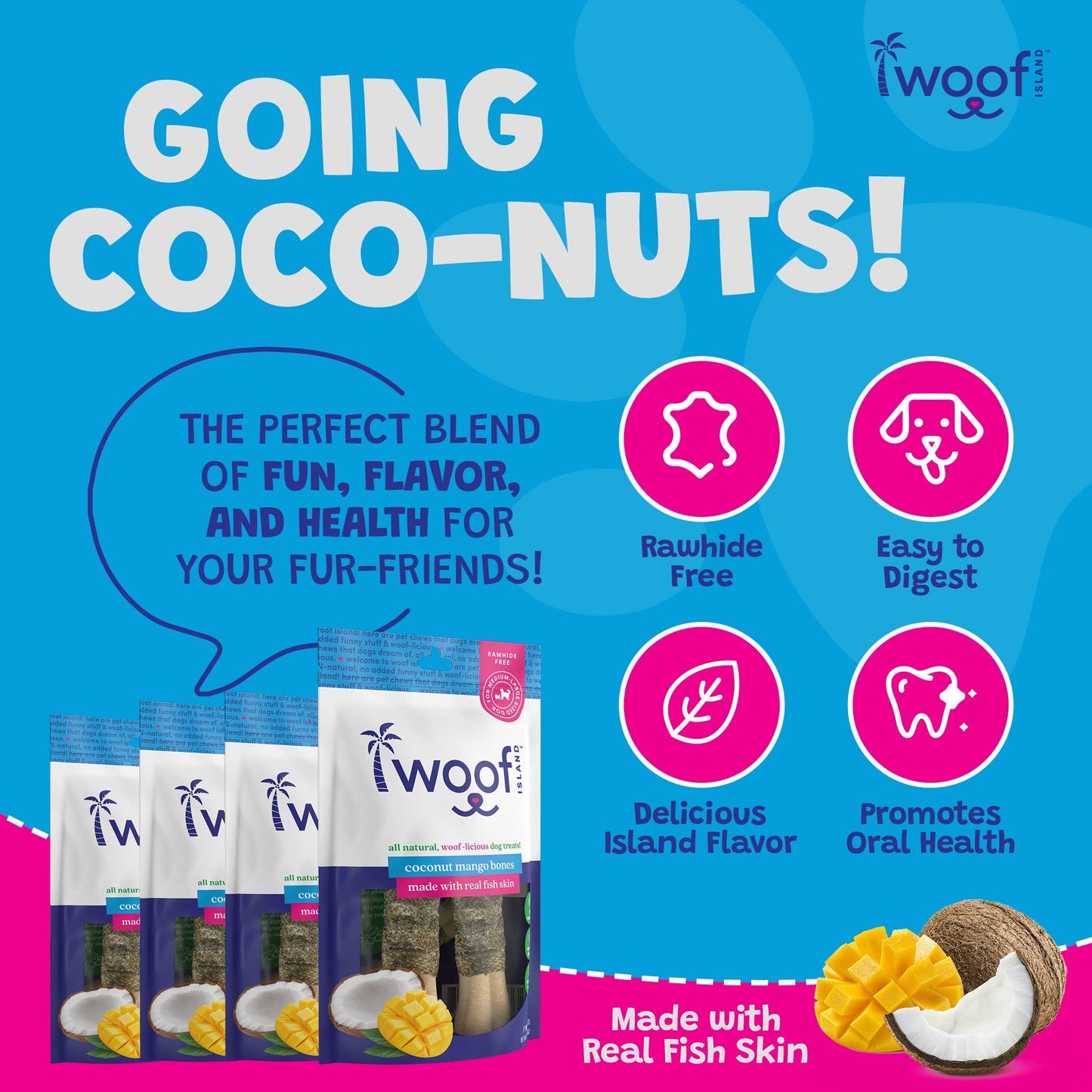 🥥🥭🐟 Woof Island™ Coconut Bones with Real Mango & Fish Skin – Rawhide-Free Natural Dog Chews