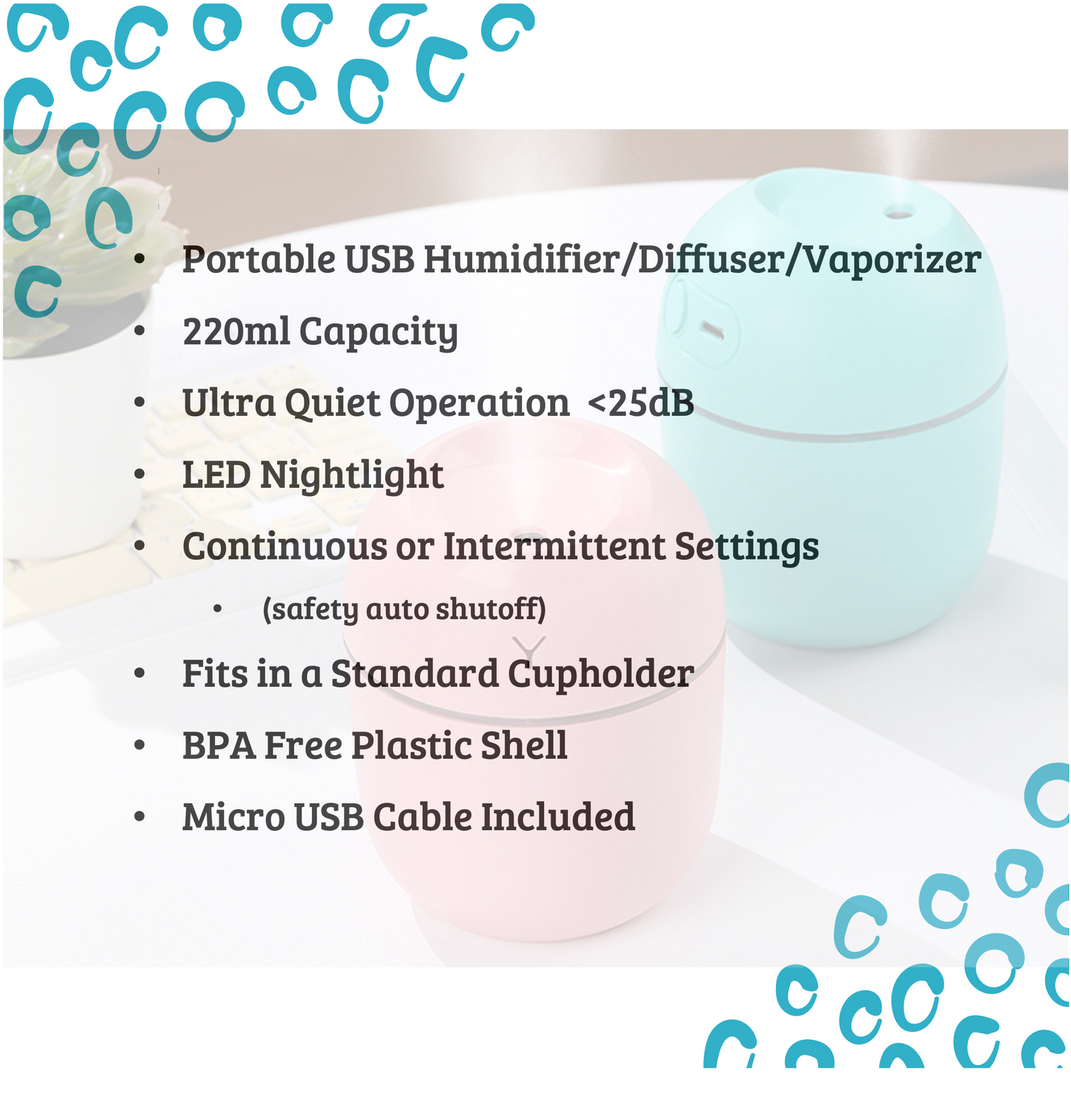 Mini Cool Mist Diffuser/Humidifier, Nightlight, 220ml, USB