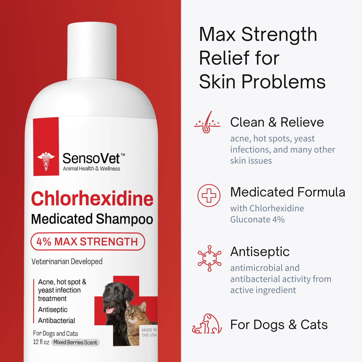 🐶🐱🛁SensoVet Chlorhexidine 4% Max Strength Shampoo for Dogs & Cats