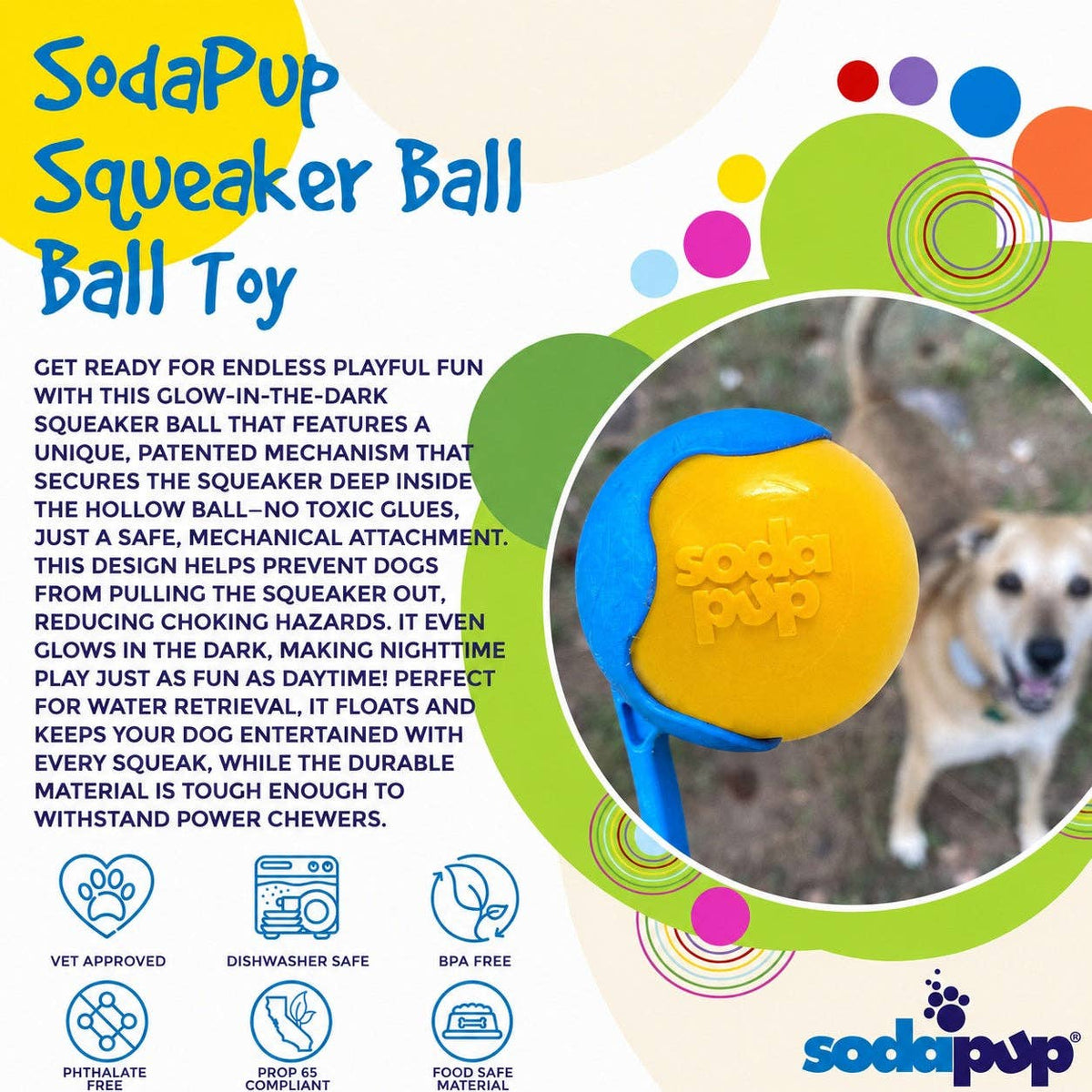 🐶🎾SodaPup Squeak Ball – Durable Floating Dog Toy Made in the USA
