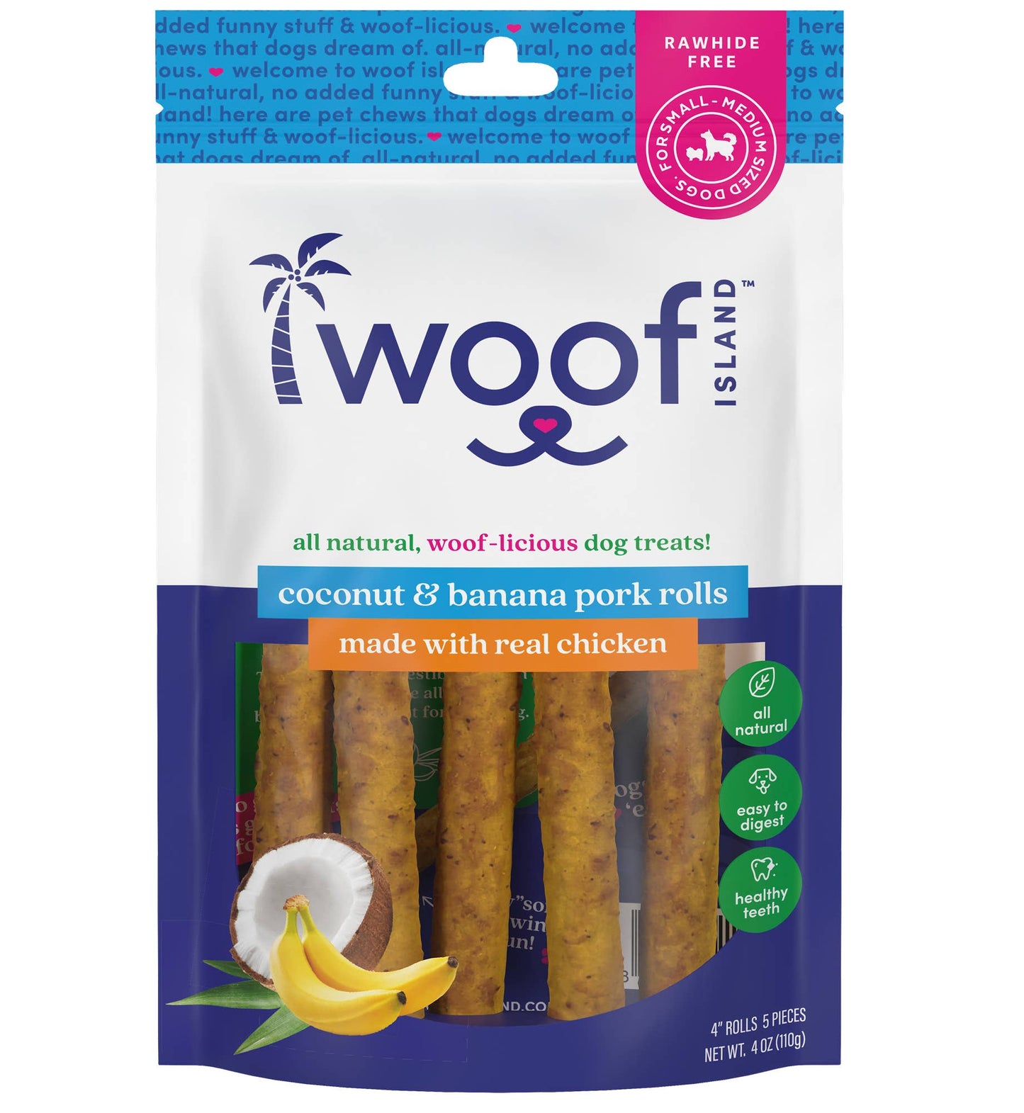 🥥🍌 Woof Island™ Coconut Pork Rolls with Banana & Chicken – All-Natural Dog Chews