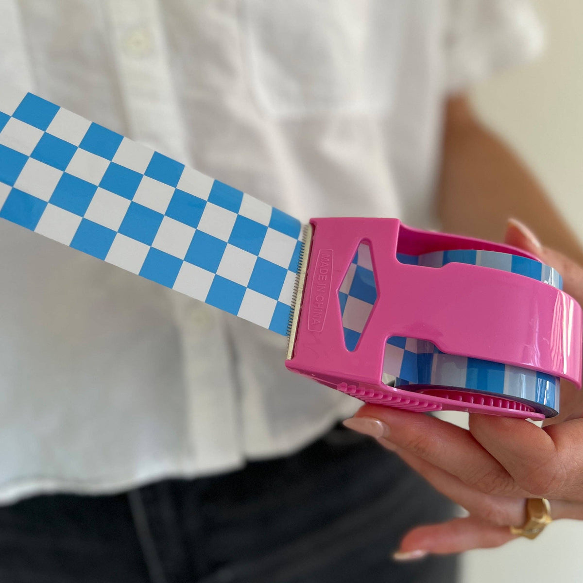 Blue Checkered Packing Tape – 22.2 Yard Mini Roll with Pink Dispenser
