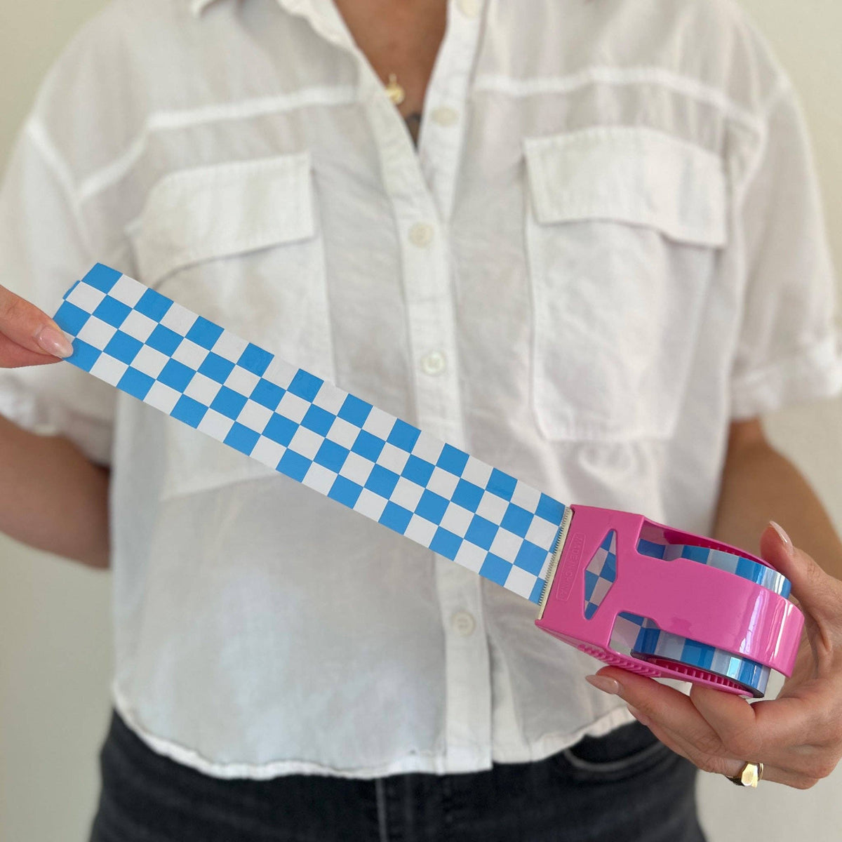 Blue Checkered Packing Tape – 22.2 Yard Mini Roll with Pink Dispenser