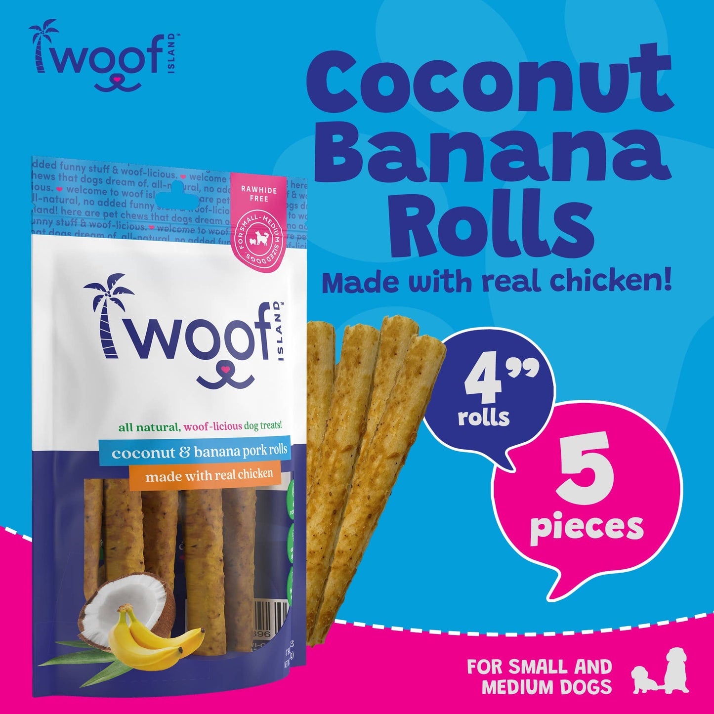 🥥🍌 Woof Island™ Coconut Pork Rolls with Banana & Chicken – All-Natural Dog Chews